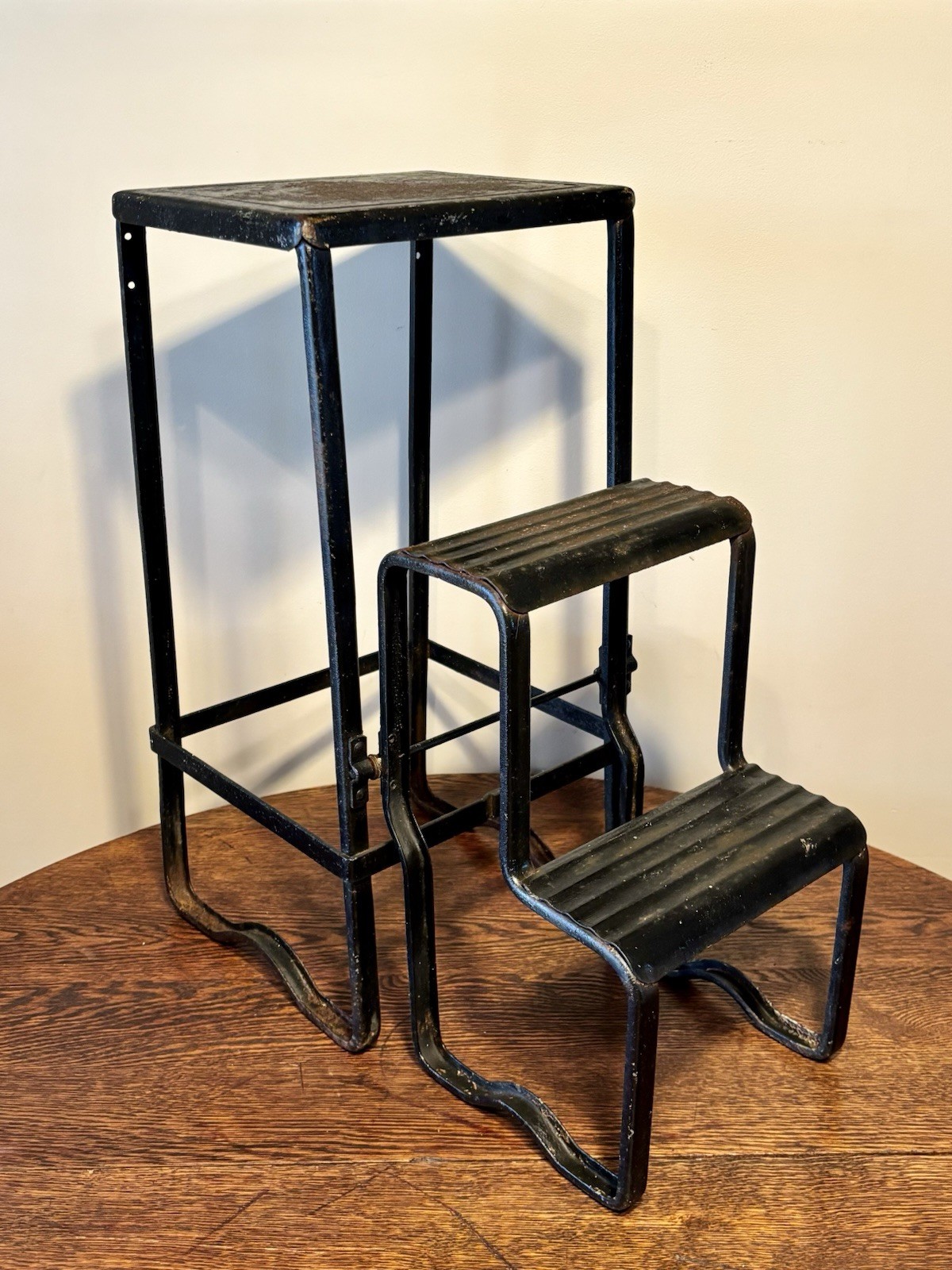 Vintage Early 1900s Pressed Steel Industrial Step Stool