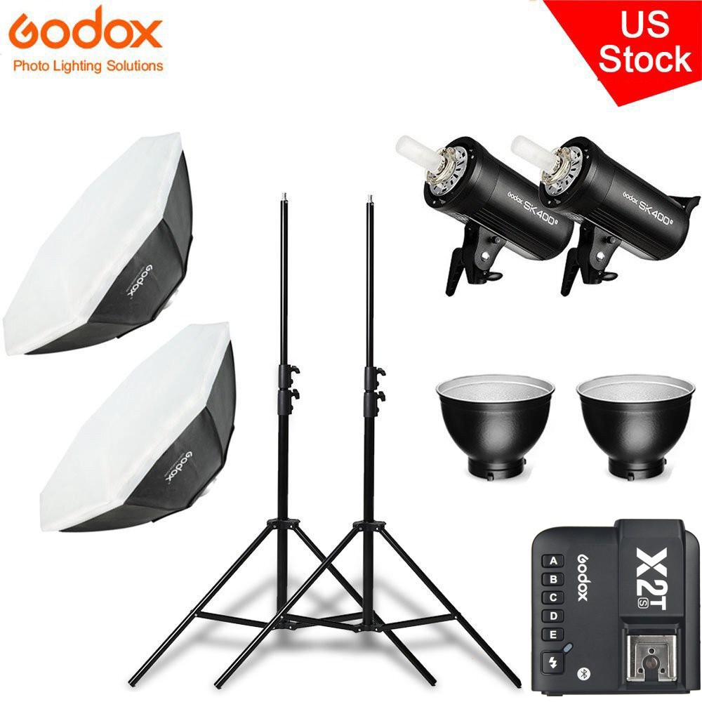 US 2*Godox SK400II Studio Flash Stroble Head+120cm Softbox Stand+X2T Trigger Kit
