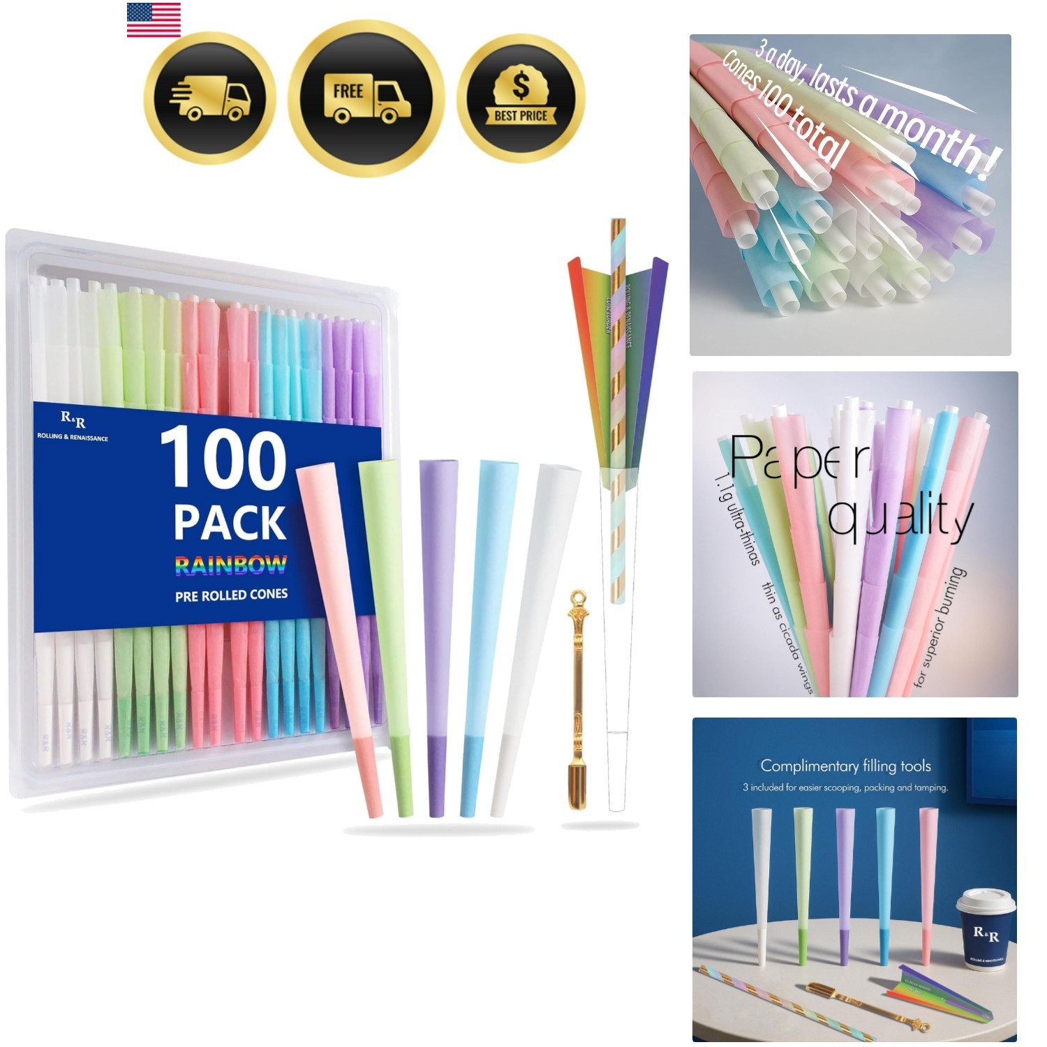 100 Pack Colorful Rolling Papers Pre Rolled Cones King Size - 108mm King Size...