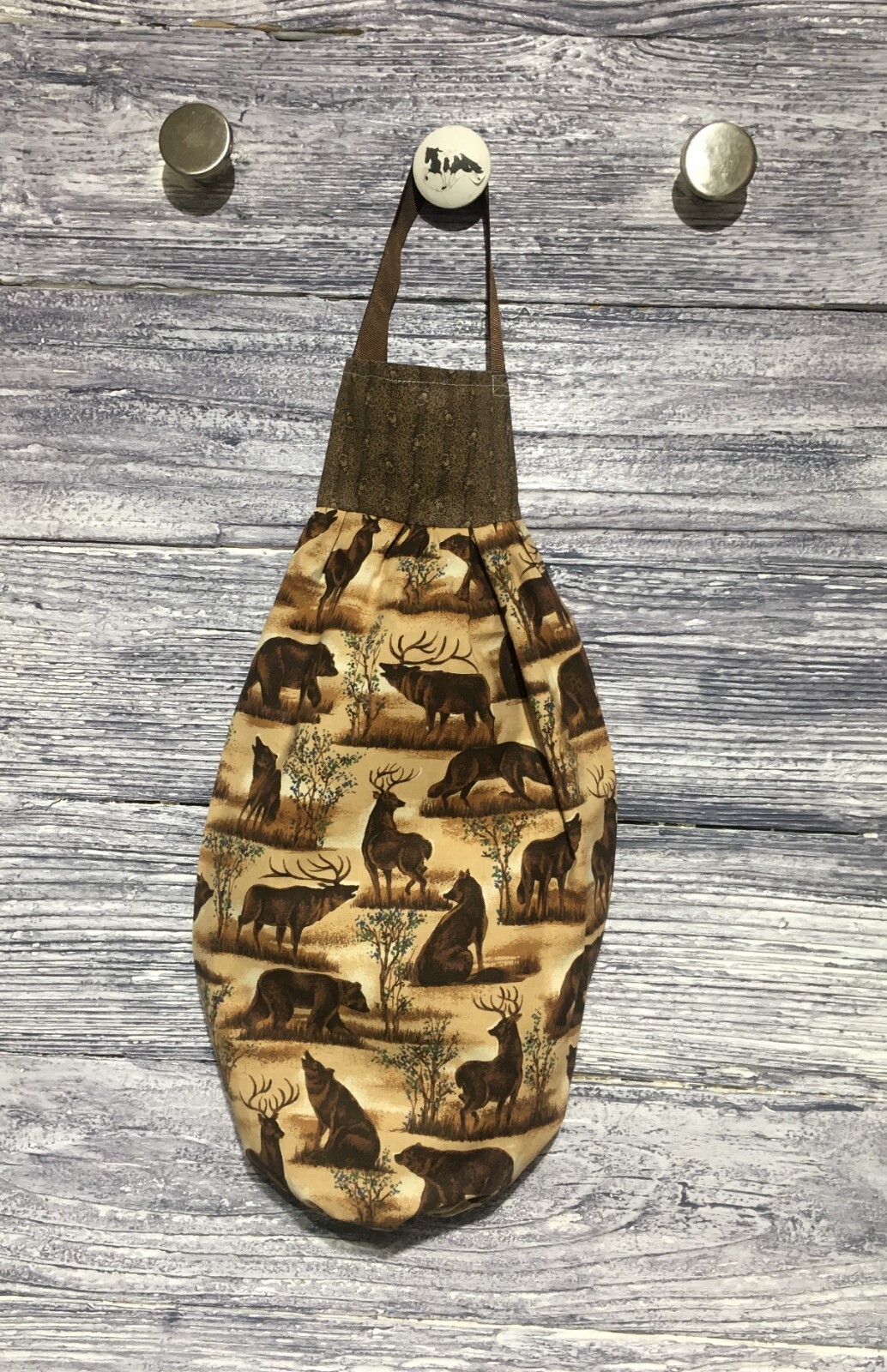 Plastic Grocery Bag Rag Sock Holder Bear Elk Wolf Deer Trees in Brown Tones