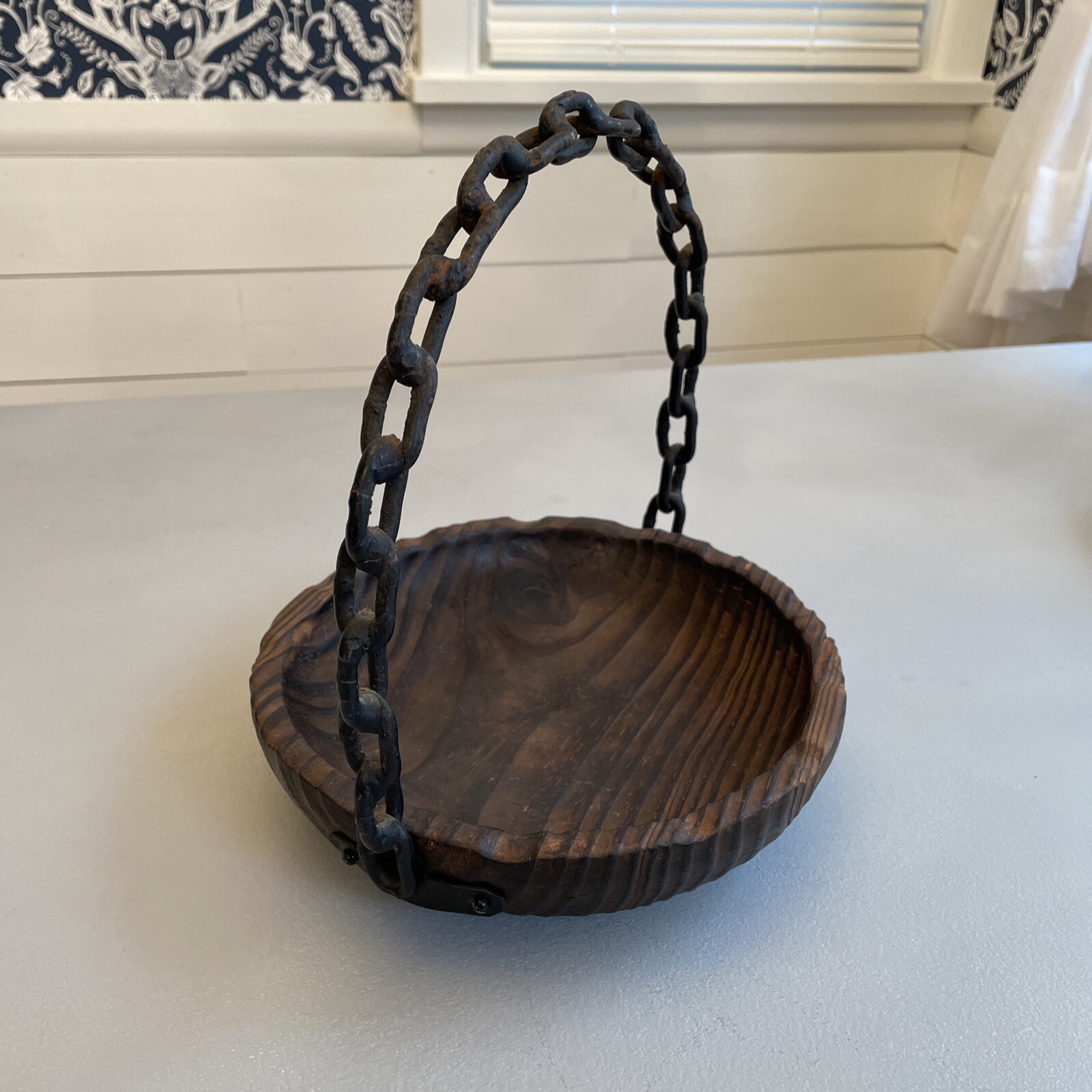 Rustic Wooden Basket with Old Rusty Chain handle Western Or Boho Decor