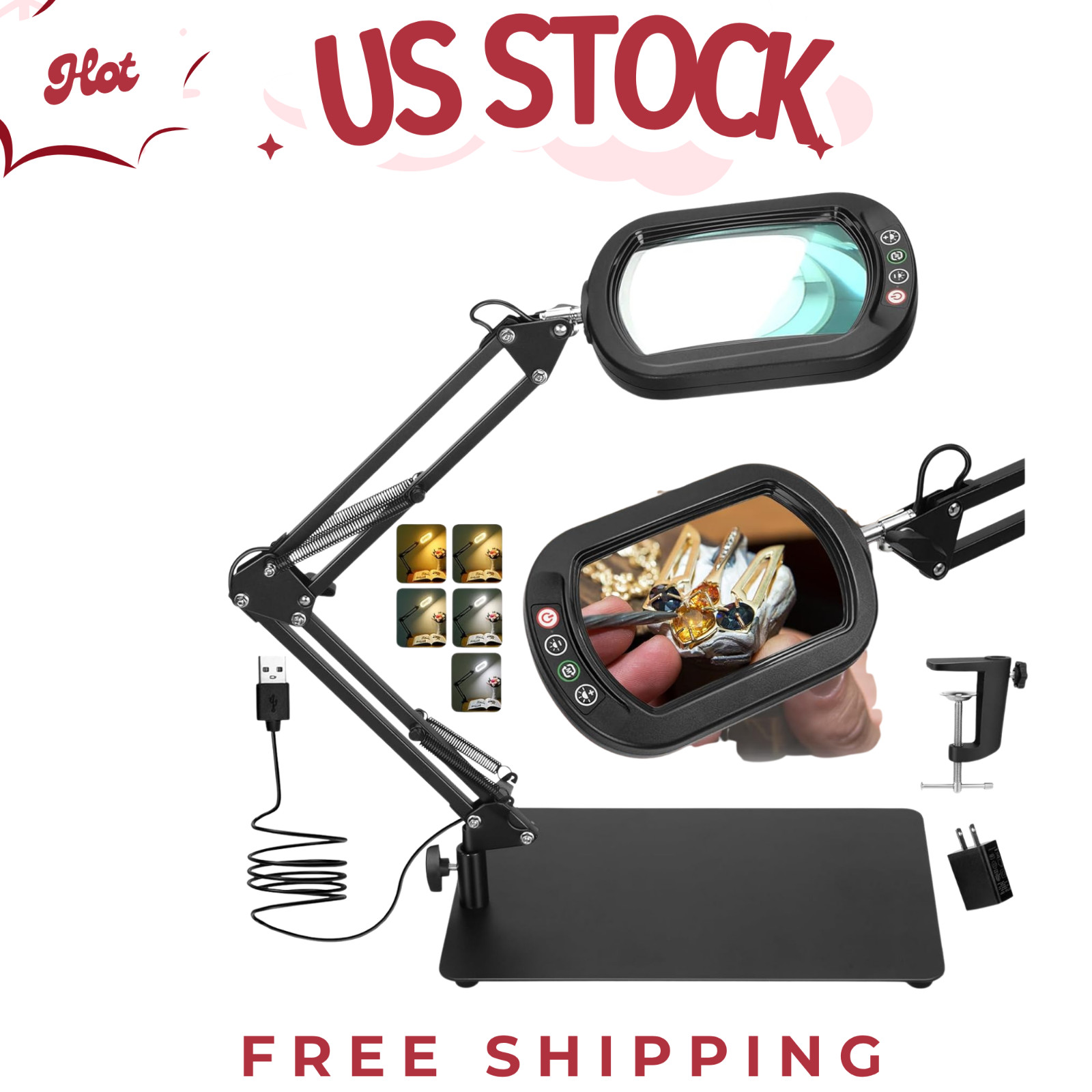 10X Magnifying Glass with Light & Stand - 5-Mode Dimmable LED Lamp