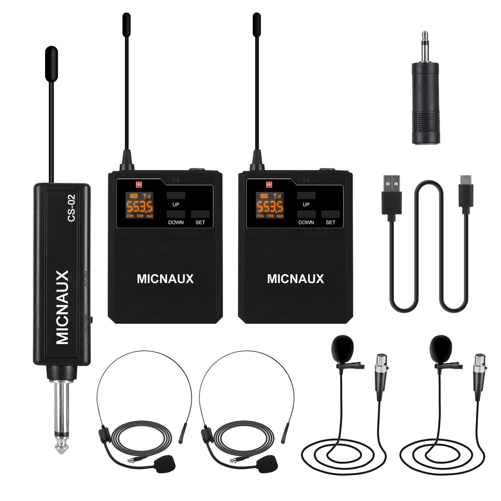 Wireless Lapel Microphone System with Headset & Lavalier Mics, Dual Bodypack ...