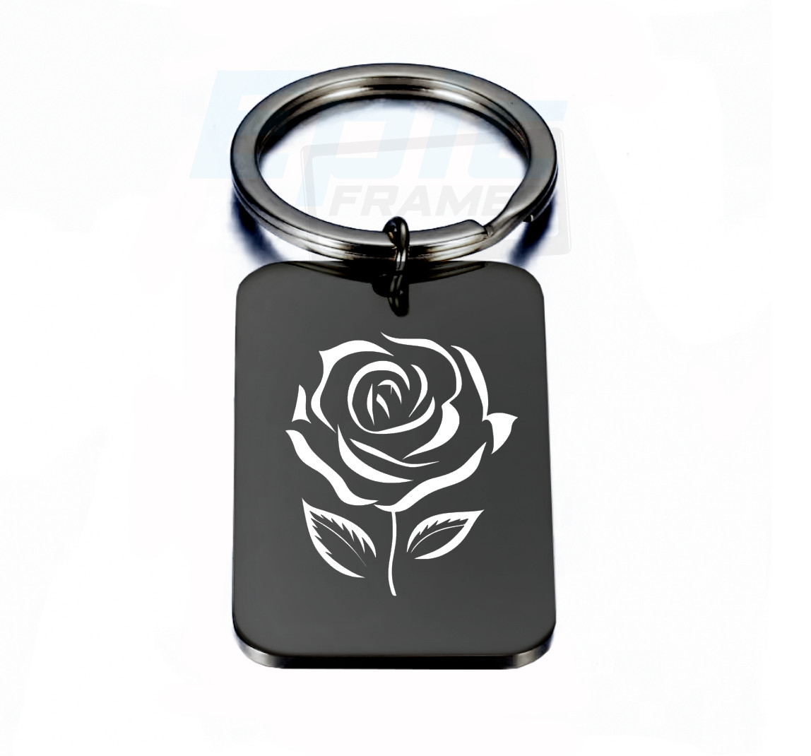 Black Stainless Steel Rose Keychain – Engraved Symbol of Luck & Positive Energy