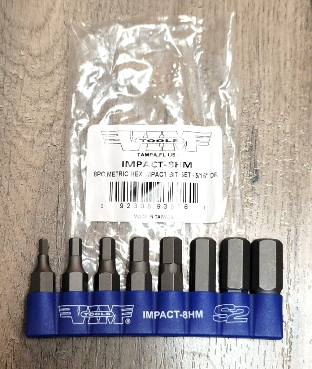 VIM Tools 8pc 5/16" Hex Metric Hex Bit Set for Hand Impact Driver #IMPACT-8HM