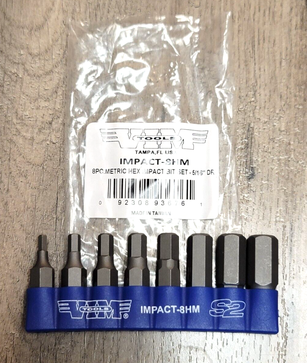 VIM Tools 8pc 5/16" Hex Metric Hex Bit Set for Hand Impact Driver #IMPACT-8HM