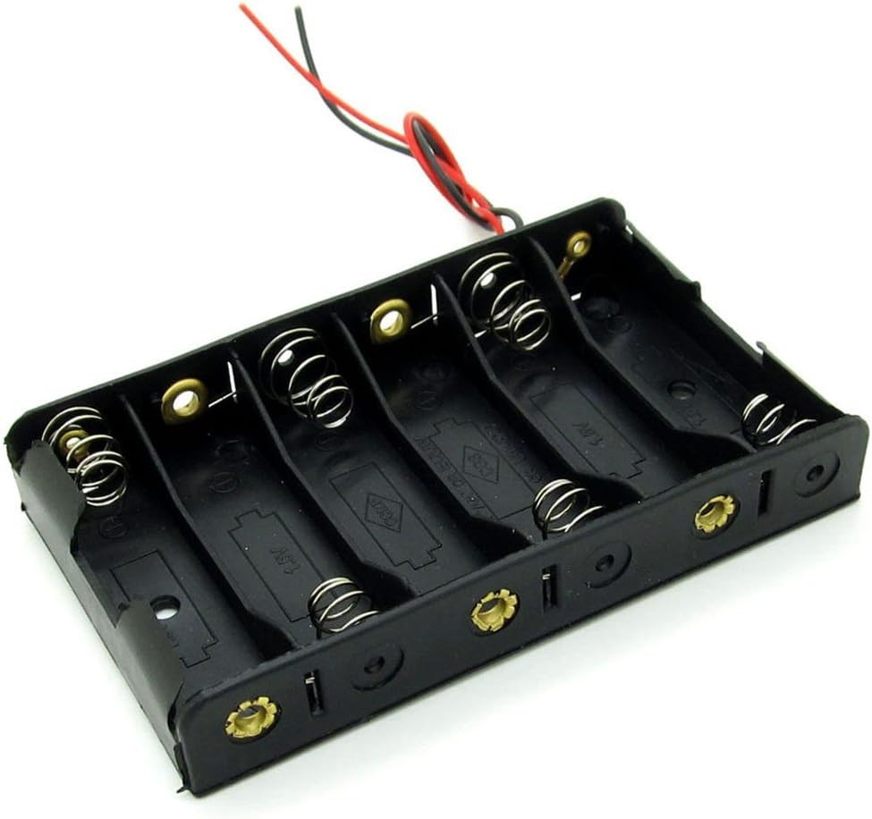 6 AA 9V Battery Holder Case Box Organizer with Connector Cable - ABS Plastic Bla