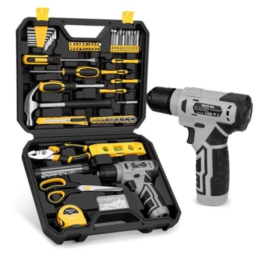 139-Piece Tool Set - Tool Kit with 8V Cordless Drill Driver in ToolBox Yellow