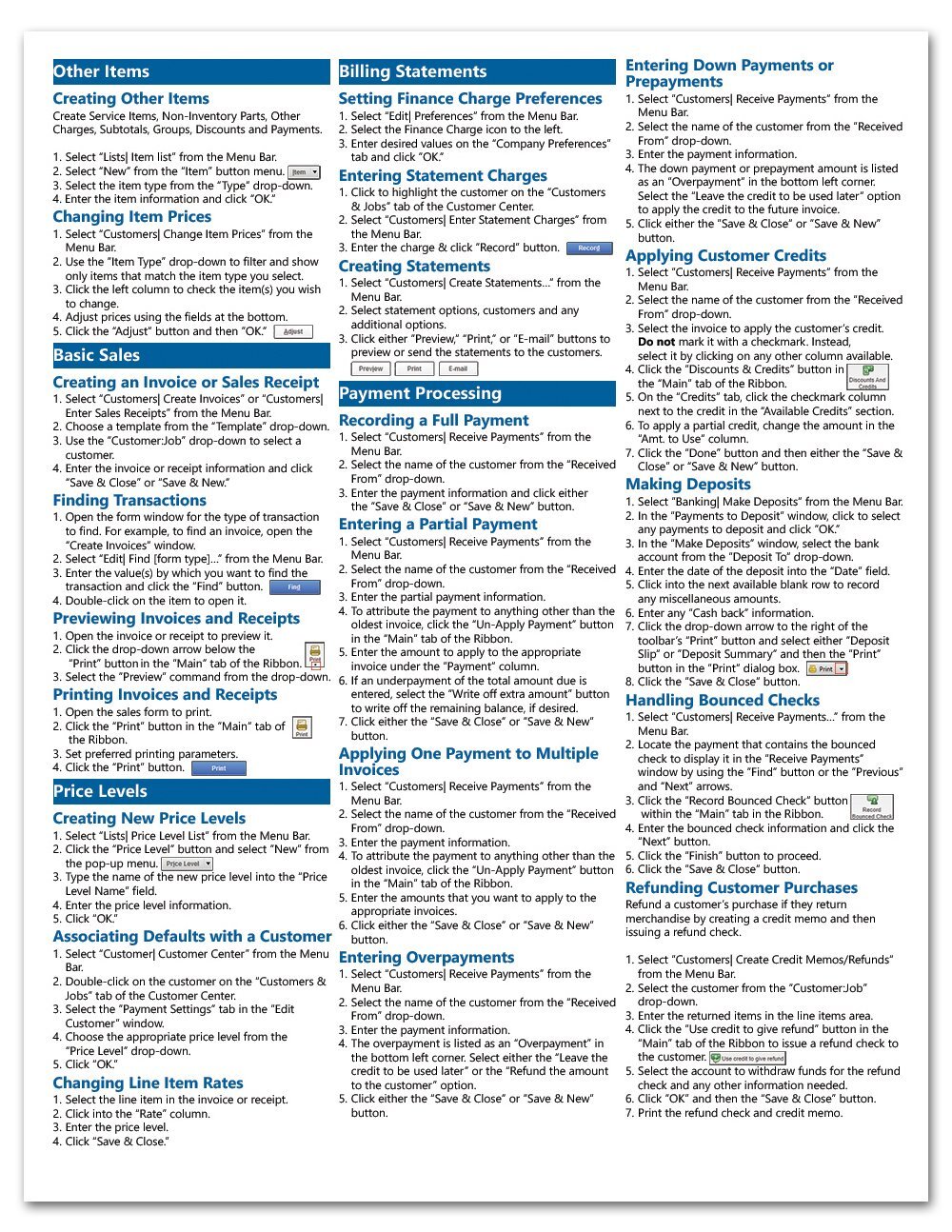 QuickBooks Pro 2014 Training Guide Quick Reference Card 4 Page Cheat Sheet