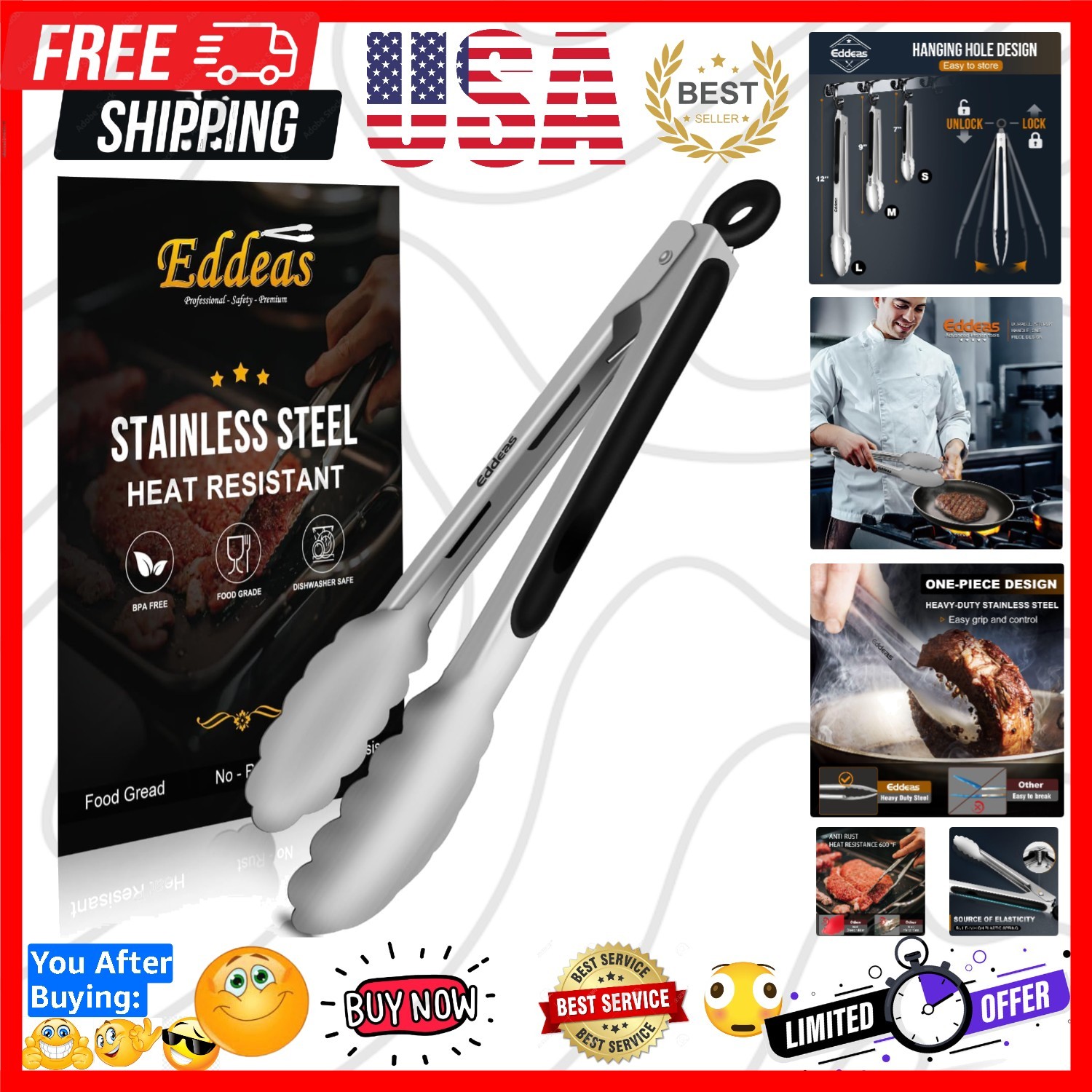 Kitchen Tongs - 9 inch Heavy Duty Food Tongs, Ergonomic Grip Superior Stainle...