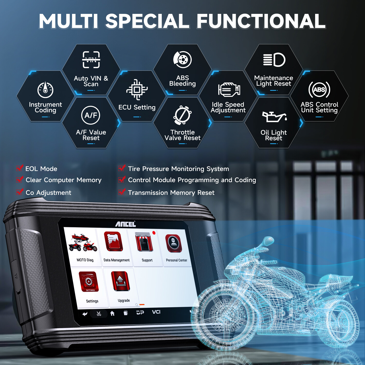 ANCEL MT500 PRO Motorcycle Diagnostic Tool OBD2 Scanner Code Reader ABS TPMS SRS