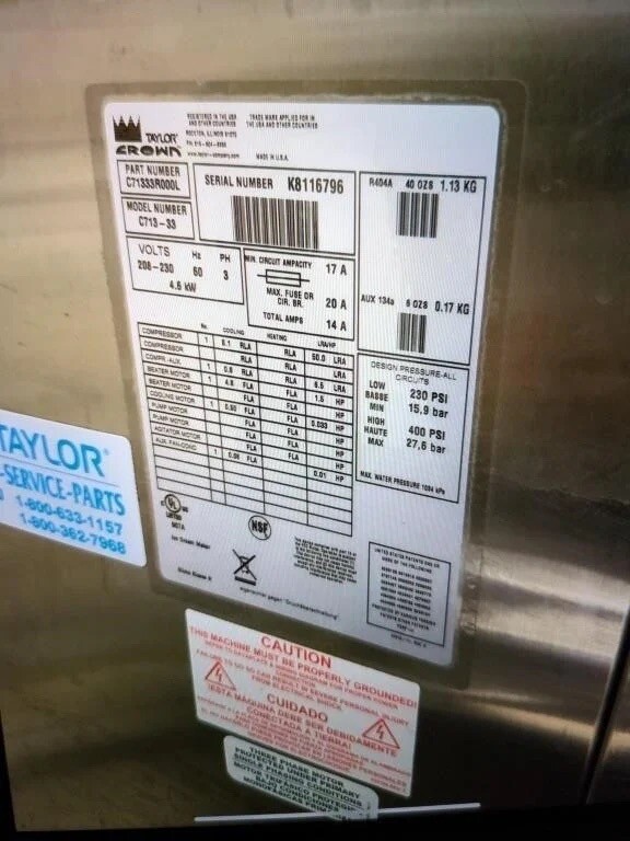 TAYLOR SOFT SERVE ICE CREAM MACHINE 713-33 3 PHASE WATER COOLED