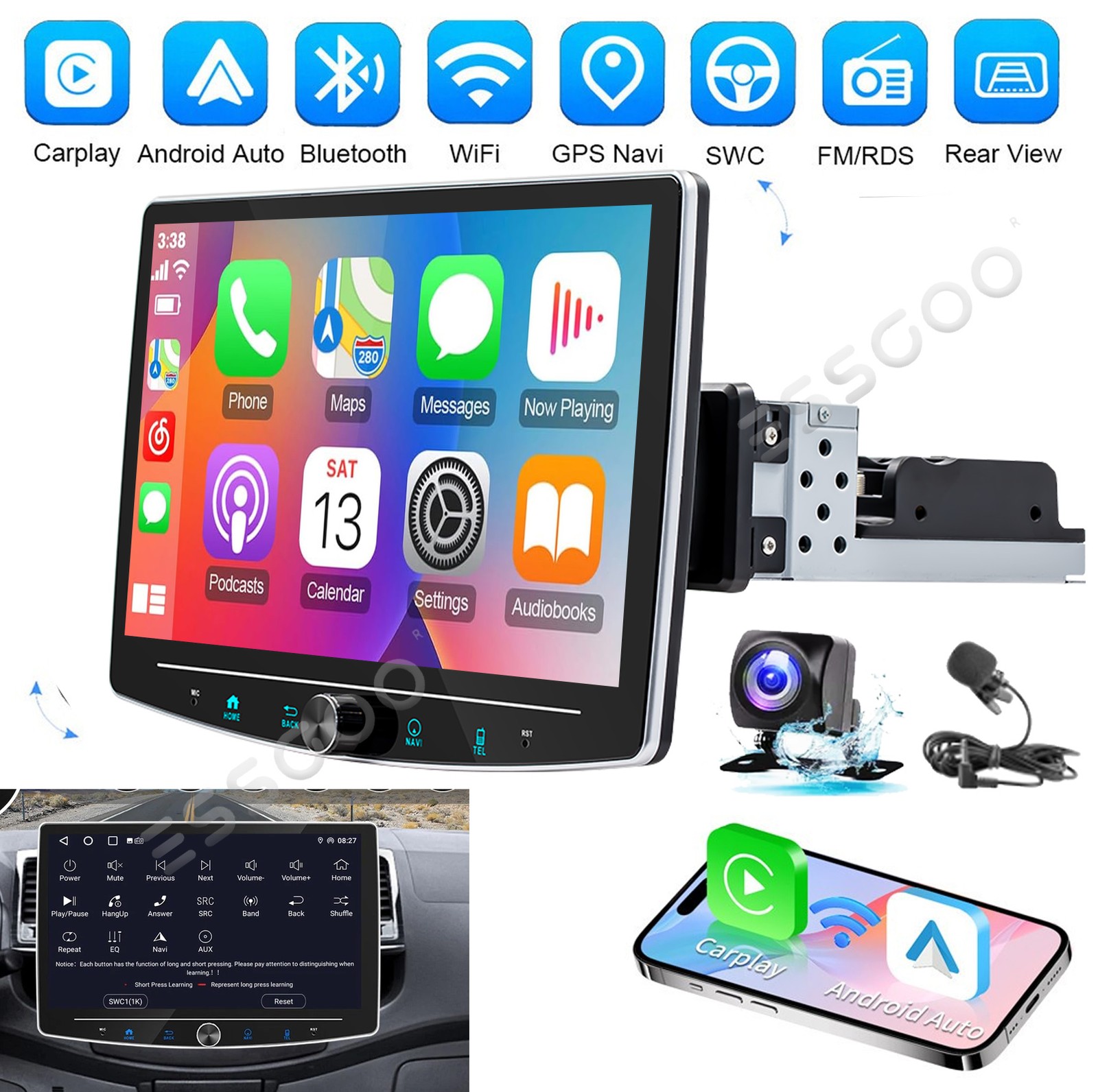 Touch Screen Rotatable 10.1" Android15 Car Stereo Radio Single 1DIN GPS Wifi CAM
