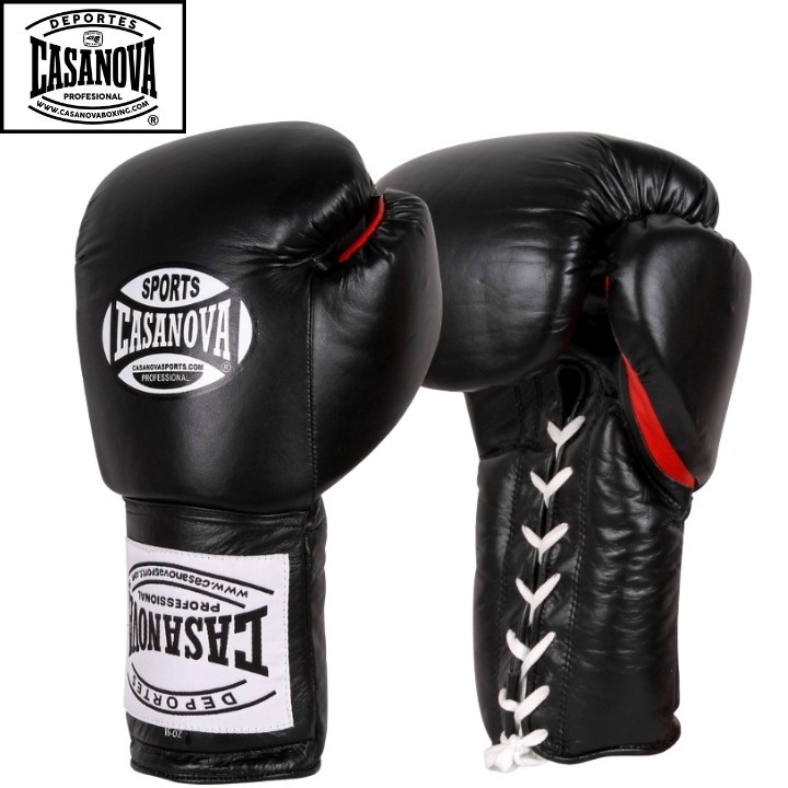 Casanova® Boxing Gloves - Leather Lace Up Gloves - Black - Lace Up Boxing Gloves