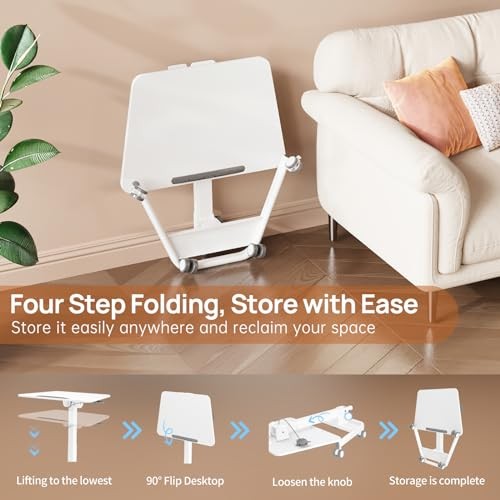 Foldable Mobile Standing Desk, 90 Tiltable Rolling Standing Desk, Height White
