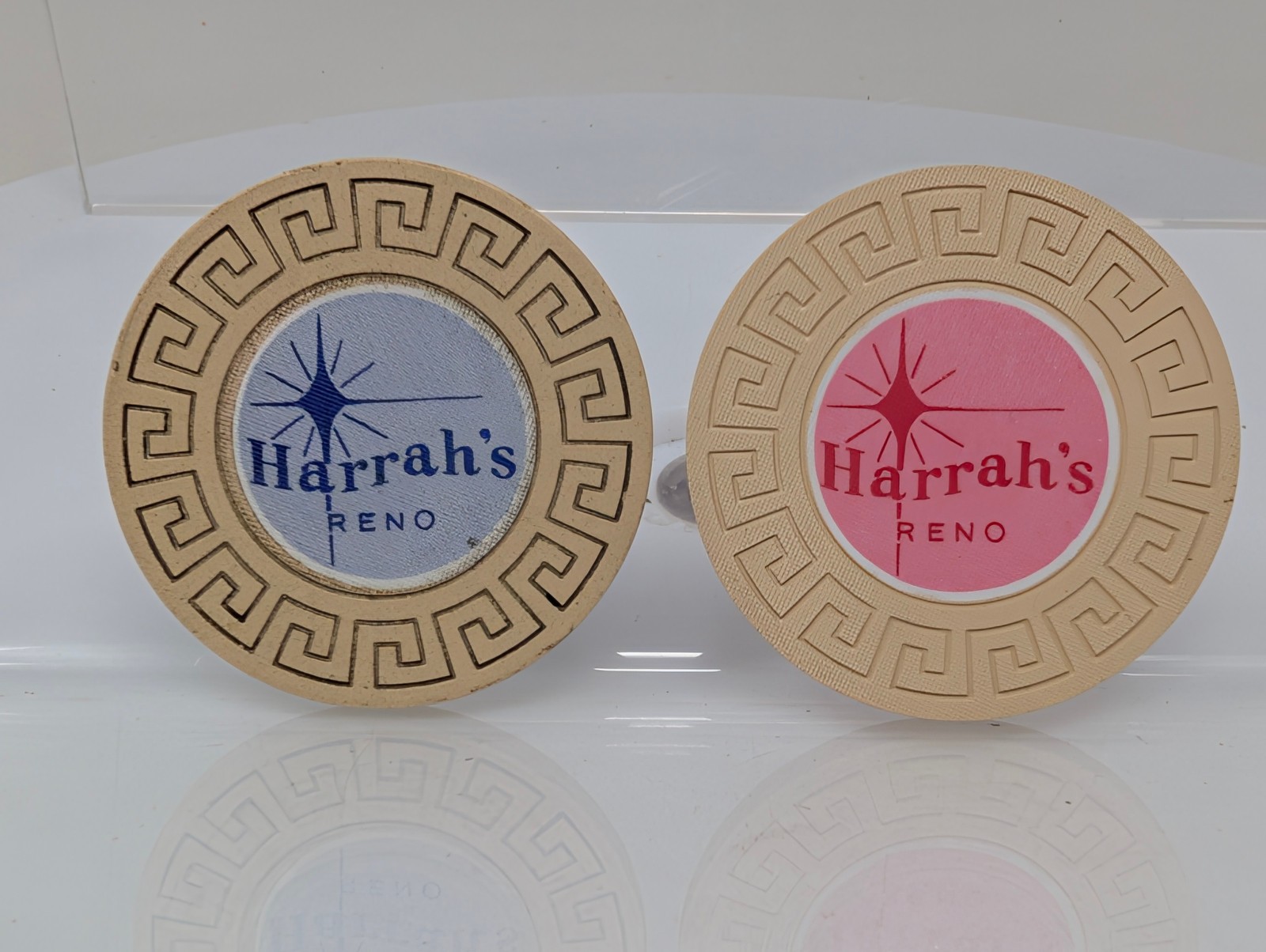 Set of 2 Harrah's Roulette Reno Nevada Vintage Casino Chips - Blue & Pink