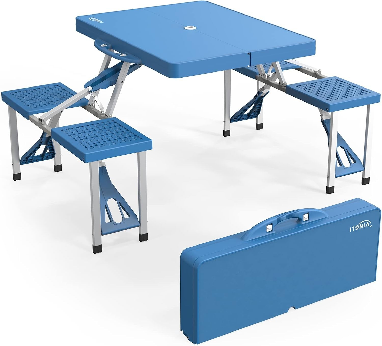 4 Ft Folding Camping Table with 4 Seats Umbrella Hole Lightweight Aluminum Frame