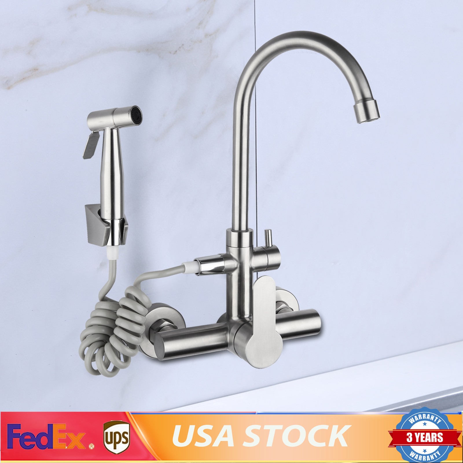 Stainless Steel Commercial Sink Faucet Wall Mount 360°Rotation Kitchen Faucet US