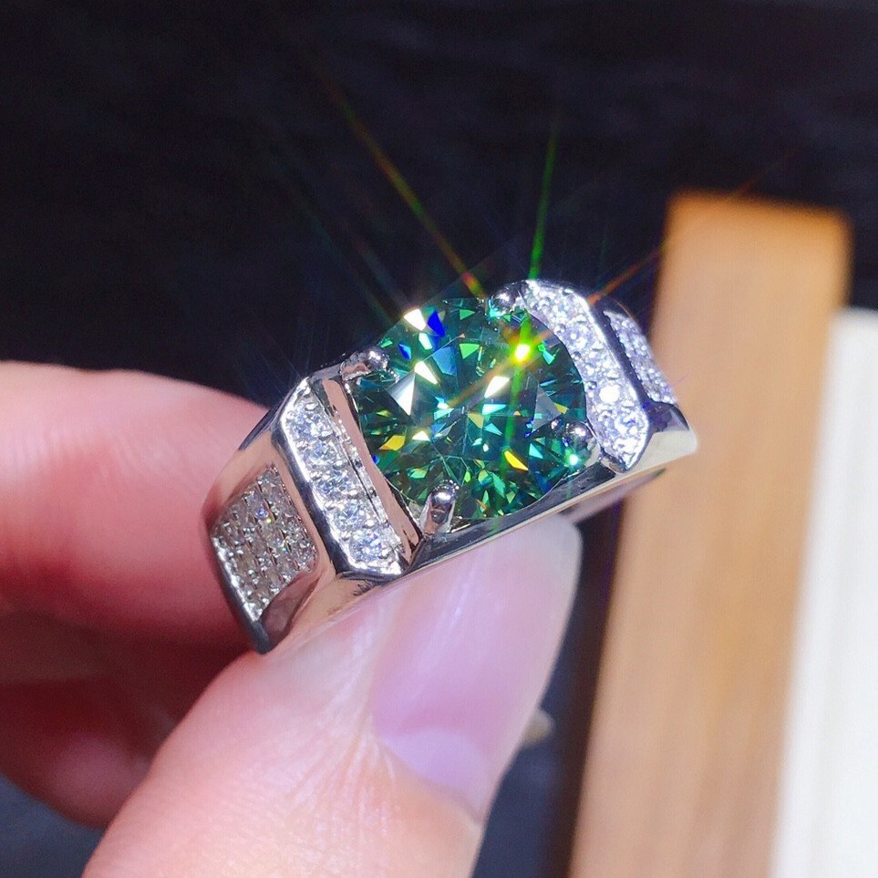 925 silver PT950 blue-green moissanite open ring for women
