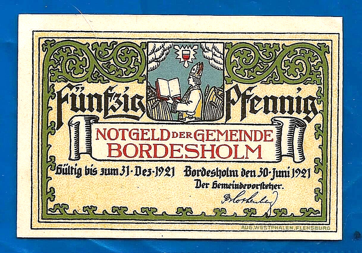 1921 Bordesholm Germany Notgeld NOTE emergency money 50 Pfennig