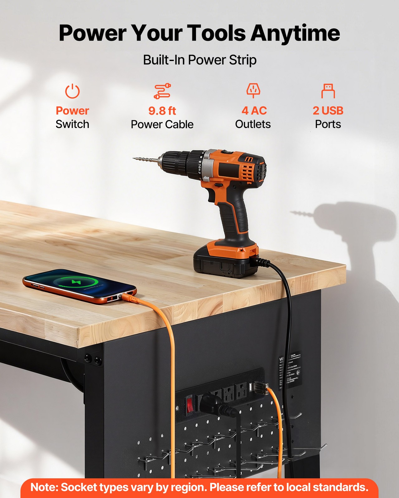 VEVOR 60-inch Adjustable Workbench Wood Work Table with Power Outlet & Drawer