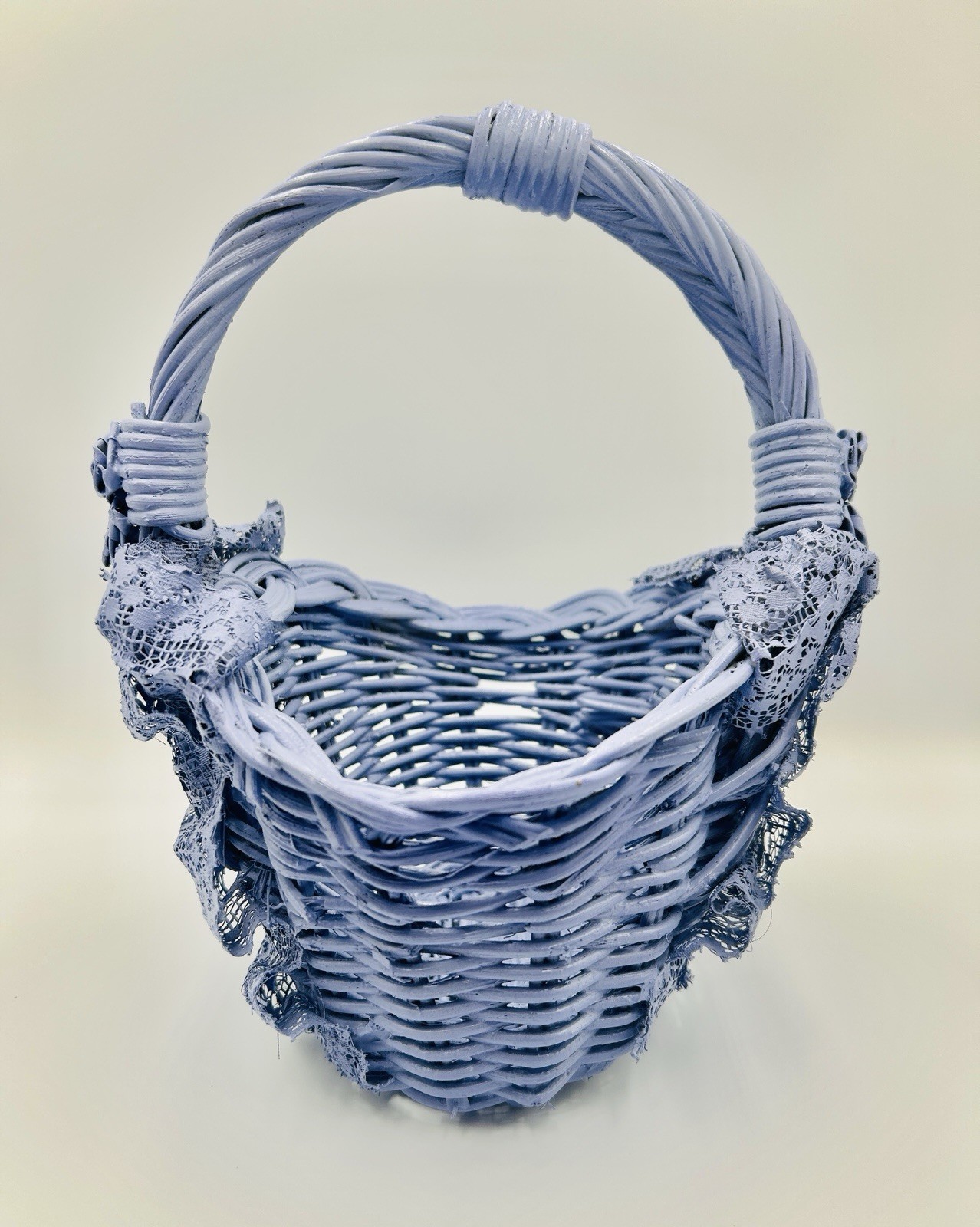 French Lilac Wicker & Lace Basket, 10 1/2”