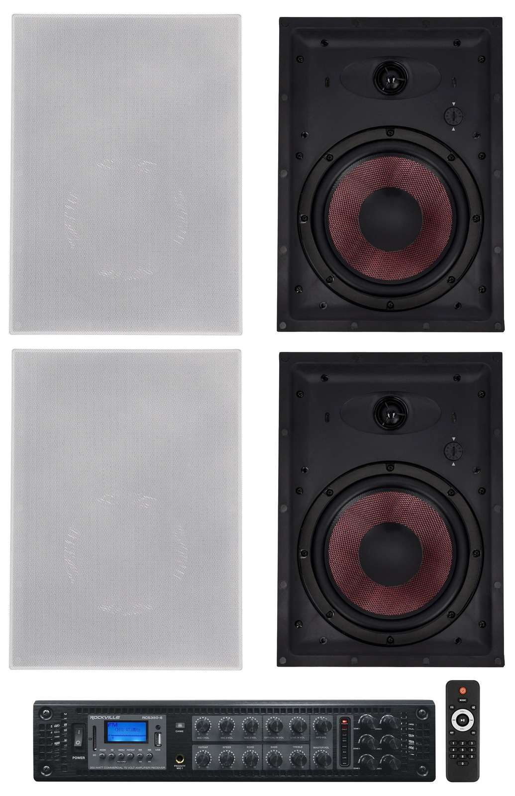 (4) Rockville WA870 8" 70V Commercial/Restaurant In-Wall Speakers+Receiver Amp