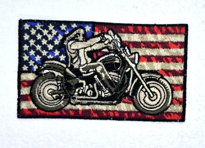 American Biker - Motorcycle Flag  Iron On Embroidered Patch 4"x 2 3/8 "