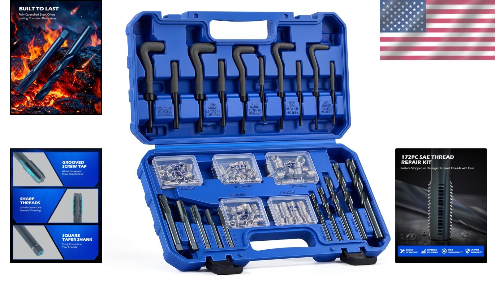 172pc Thread Repair Kit with Drill Bits & Taps