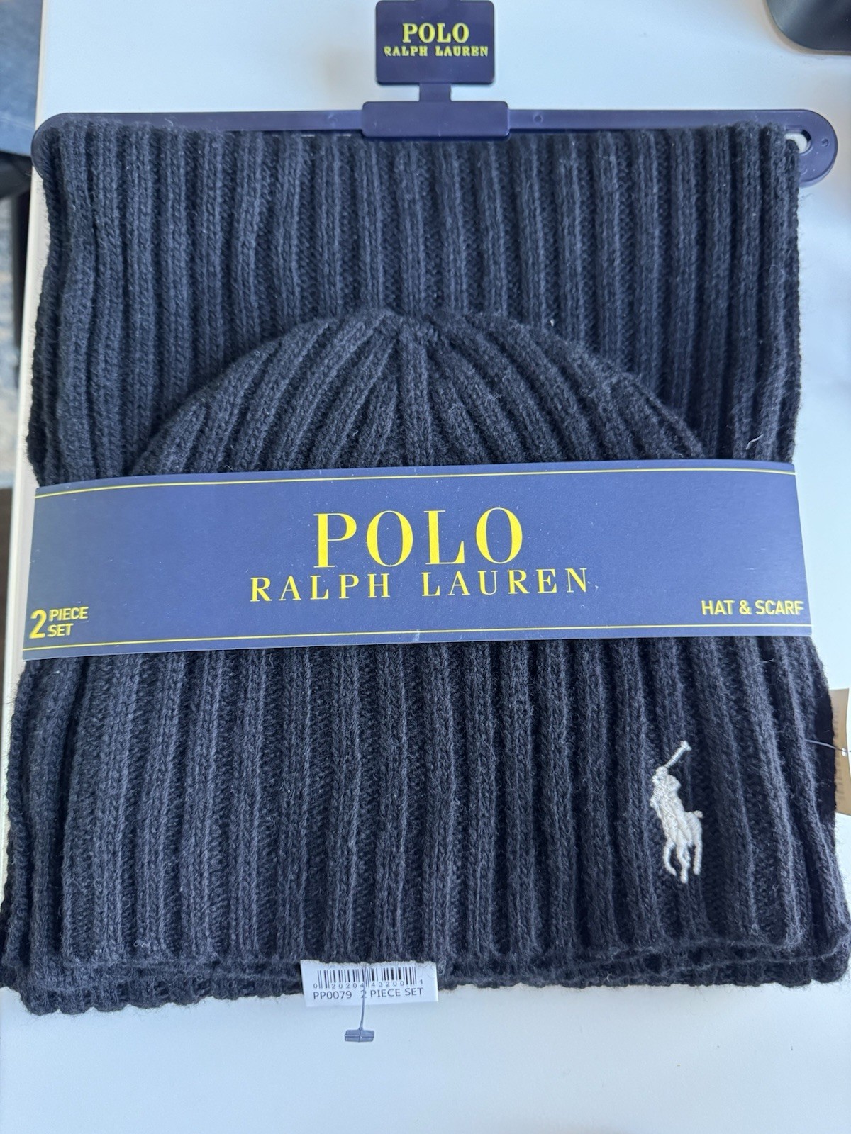 Polo Ralph Lauren 2 Piece Set Black Hat & Scarf White Accent NWT New