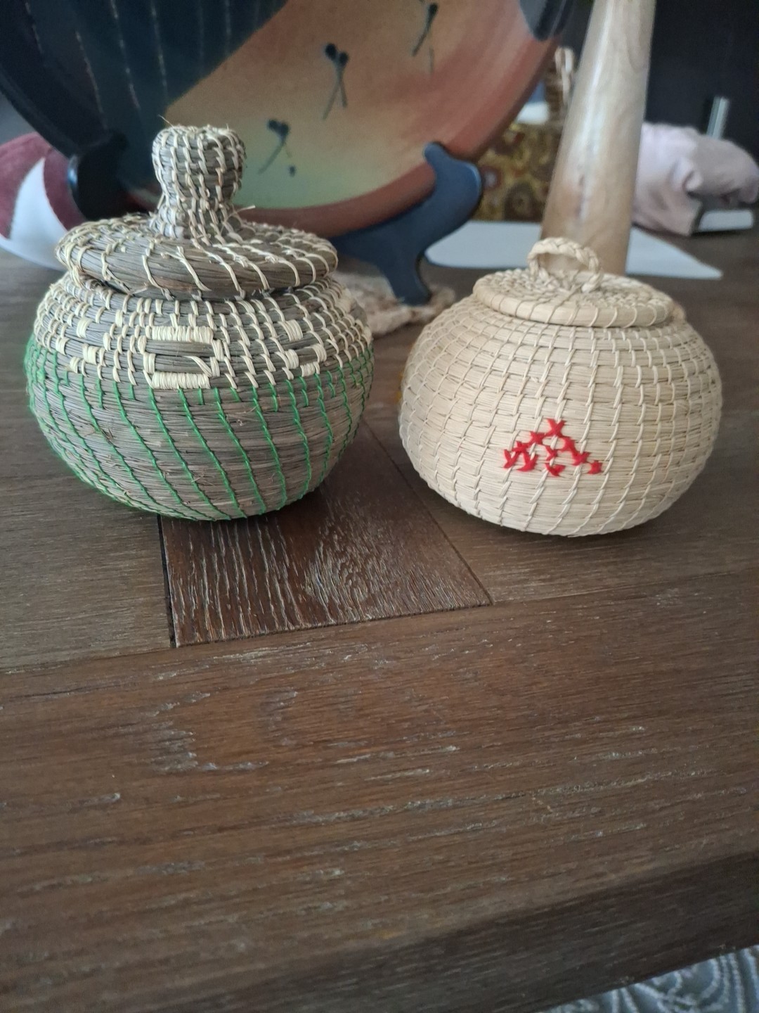 Small  Hand Woven Lidded Baskets With Thread work
