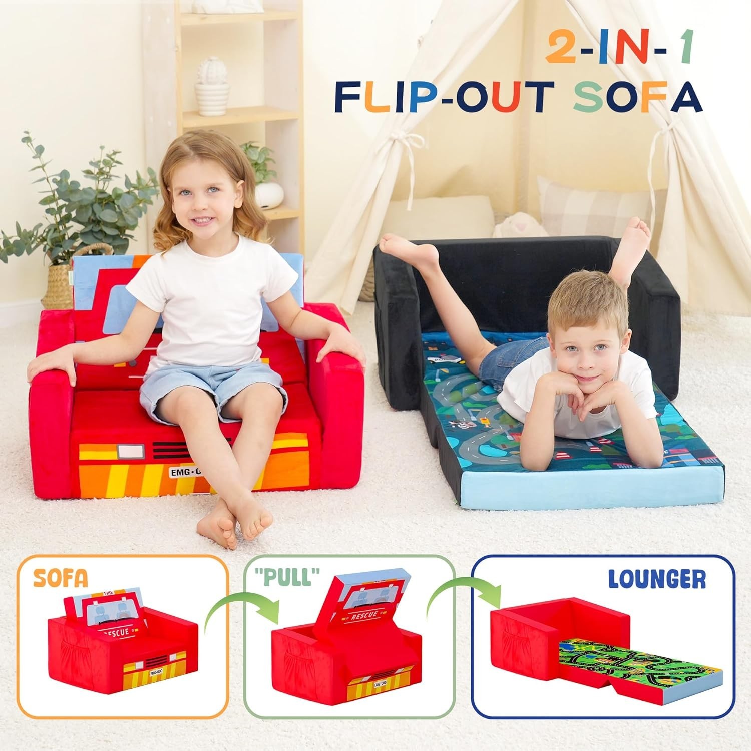 Kids Sofas Children's Sofa Bed Baby's Upholstered Couch Sleepover Chair Flipo...