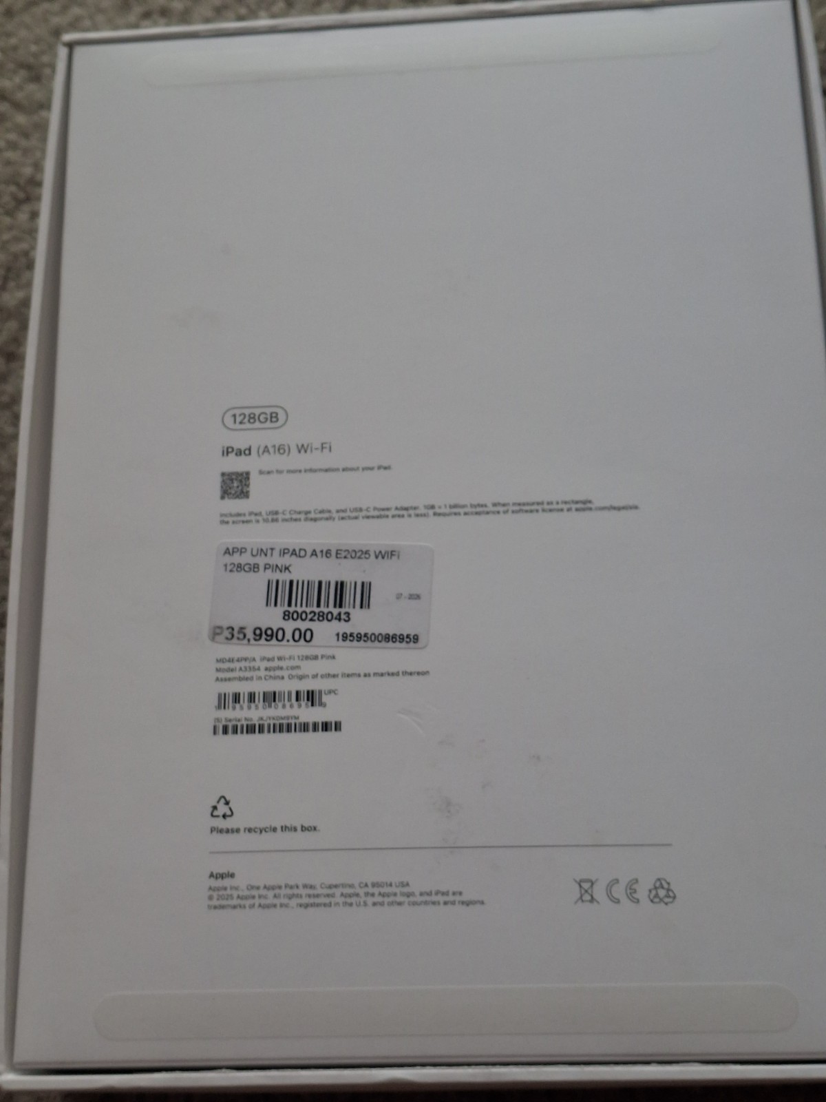 APPLE iPad (A16) 128GB Pink *****EMPTY BOX*****