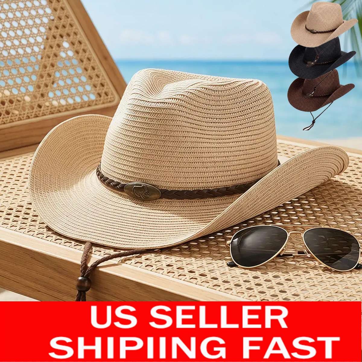 Men Women Straw Western Cowboy Hat Beach Western Wide Brim Sun Hat with Strap
