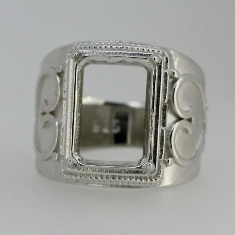 925 Sterling Silver 12x10MM Emerald Cut Semi Mount Ring Cocktail Unisex Ring