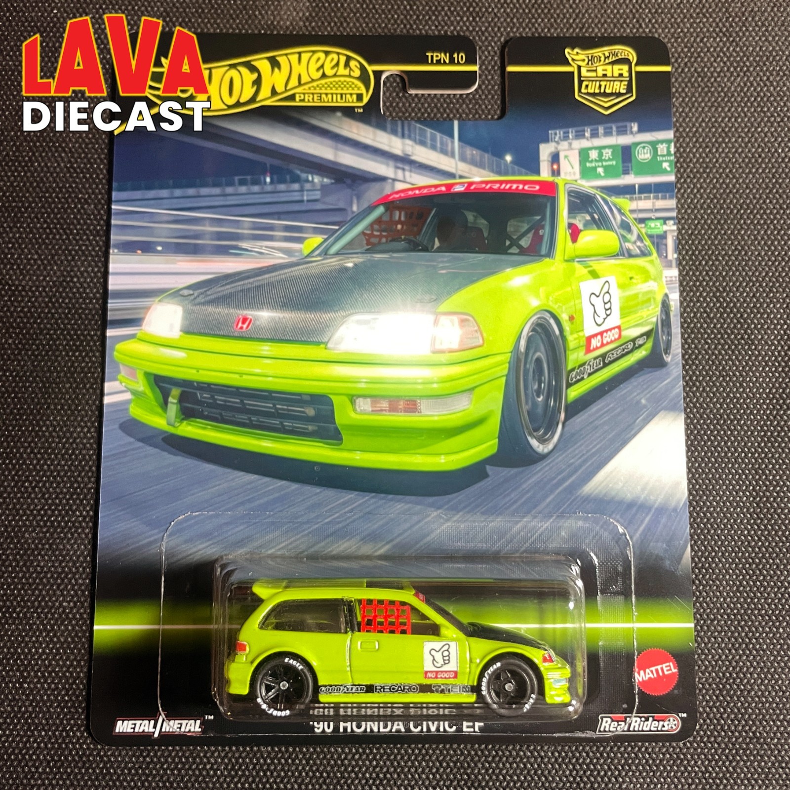 HOT WHEELS SWAPPED 90 HONDA CIVIC EF KANJOZOKU ITASHA TYPE R W LAVA DIECAST CARD