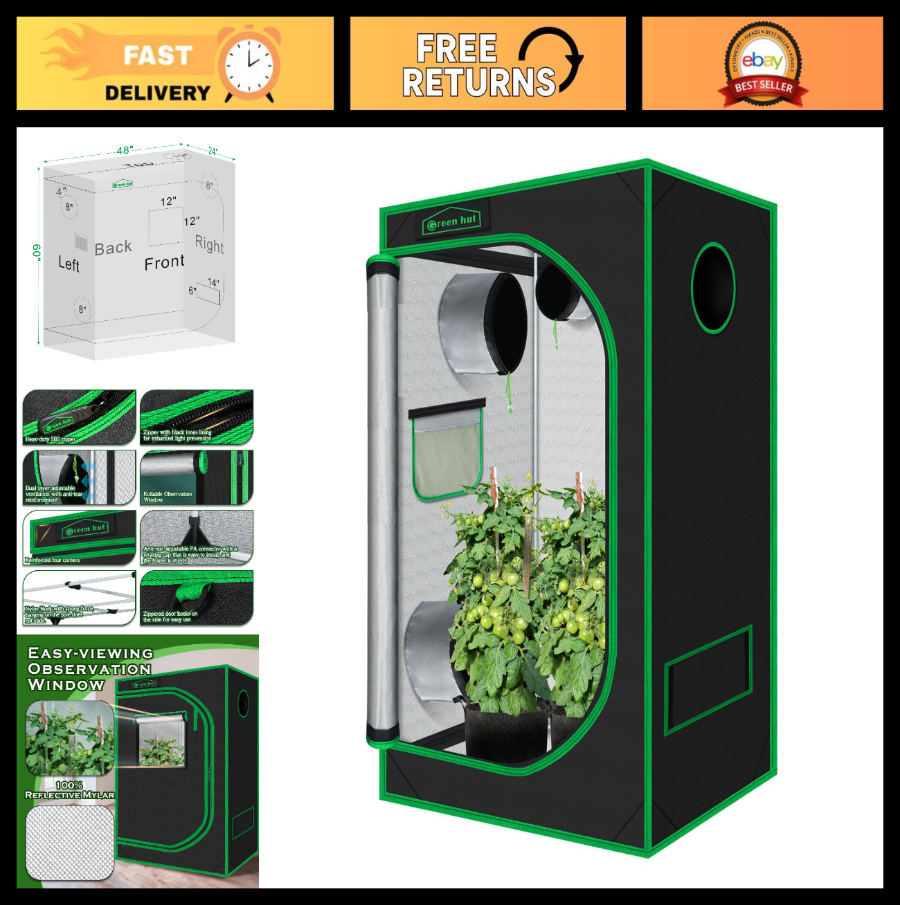 Indoor Grow Tent 48"x24"x60" Hydroponic Plant Tent with Observation Window & Tra