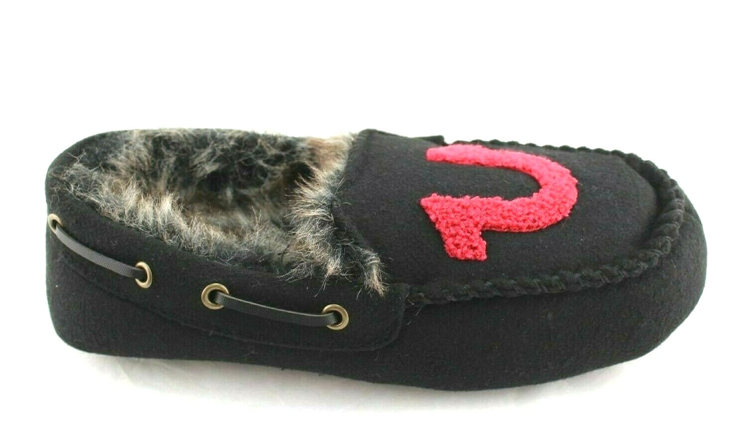 New TRUE RELIGION Size S 7-8 Black / Red Faux Fur Lined Men's Moccasins Slippers