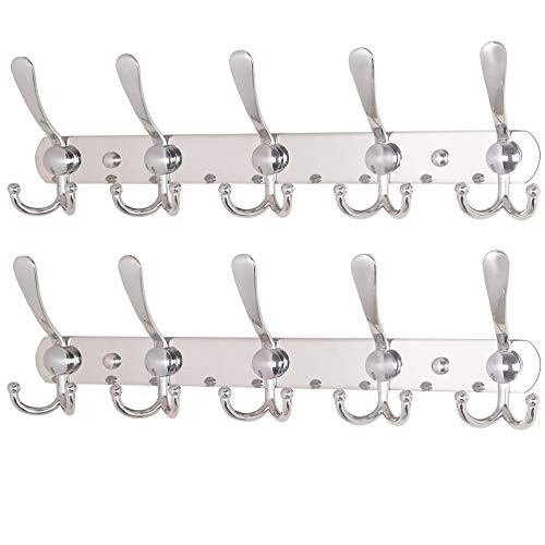 Wall Mounted Coat Rack - 5 Tri Hooks, Heavy Duty, 2 Pack Chrome Finish