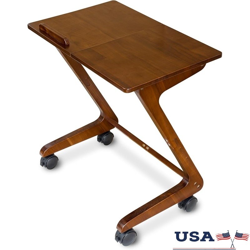Solid Rubberwood TV Tray Table W/ Casters Multifunctional Side Table Laptop Desk