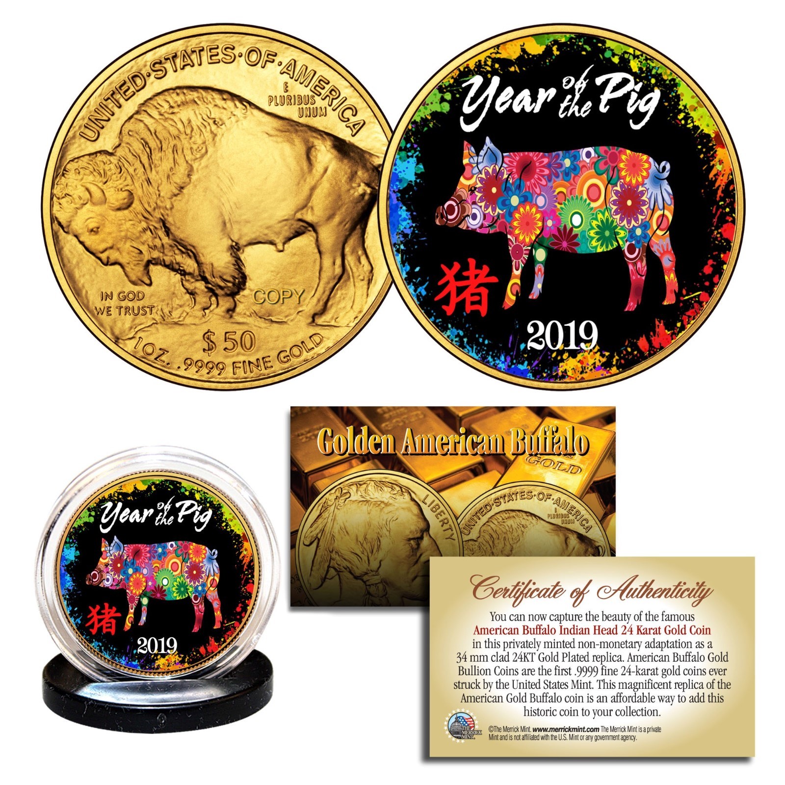 2019 Chinese YEAR OF THE PIG 24K Gold American Buffalo Tribute Coin PolyChrome