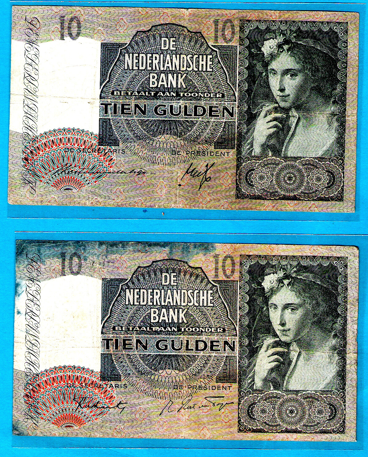 Netherlands P56a/56b 10 Gulden 23.7.1940/1.8.1942 # 5AH048679/1CE095734 RARE