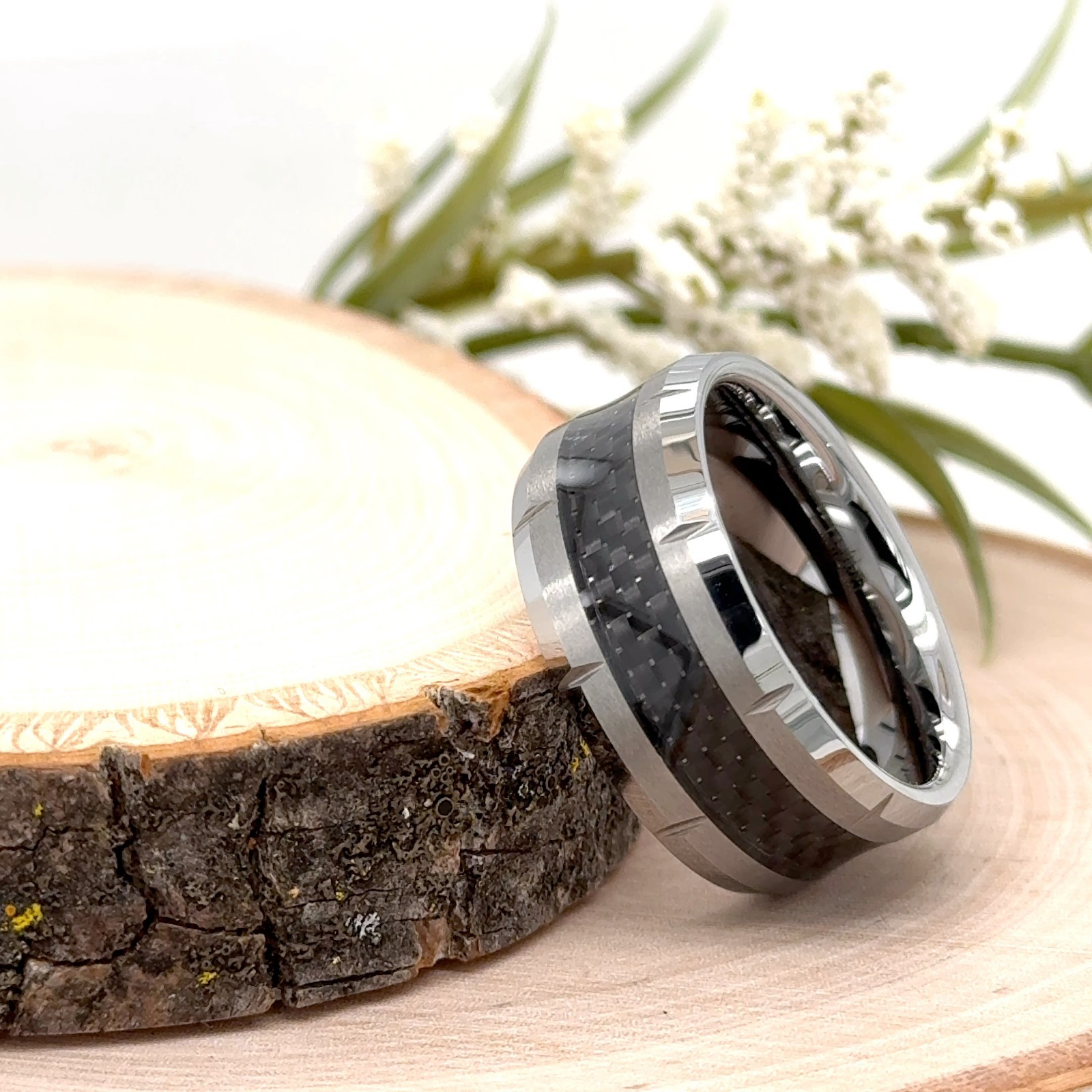 10mm Sleek Silver Tungsten Band Black Carbon Fiber Inlay Ring For Christmas Gift