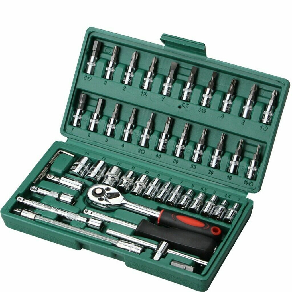 46Pcs Socket Set Car Repair Tool Ratchet Torque Wrench Kit 1/4" Drive with Box