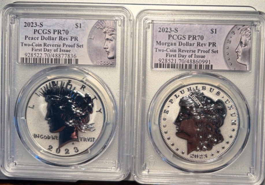 2023-S Morgan & Peace Dollar Reverse Proof Set PCGS PR70 First Day Of Issue