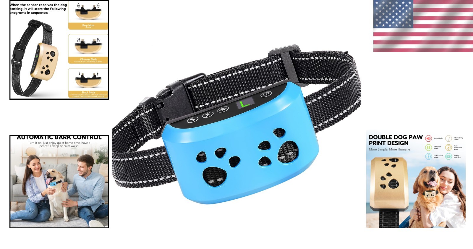 Smart Dog Bark Collar Waterproof, USB Rechargeable, 4 Training Modes Light Blue