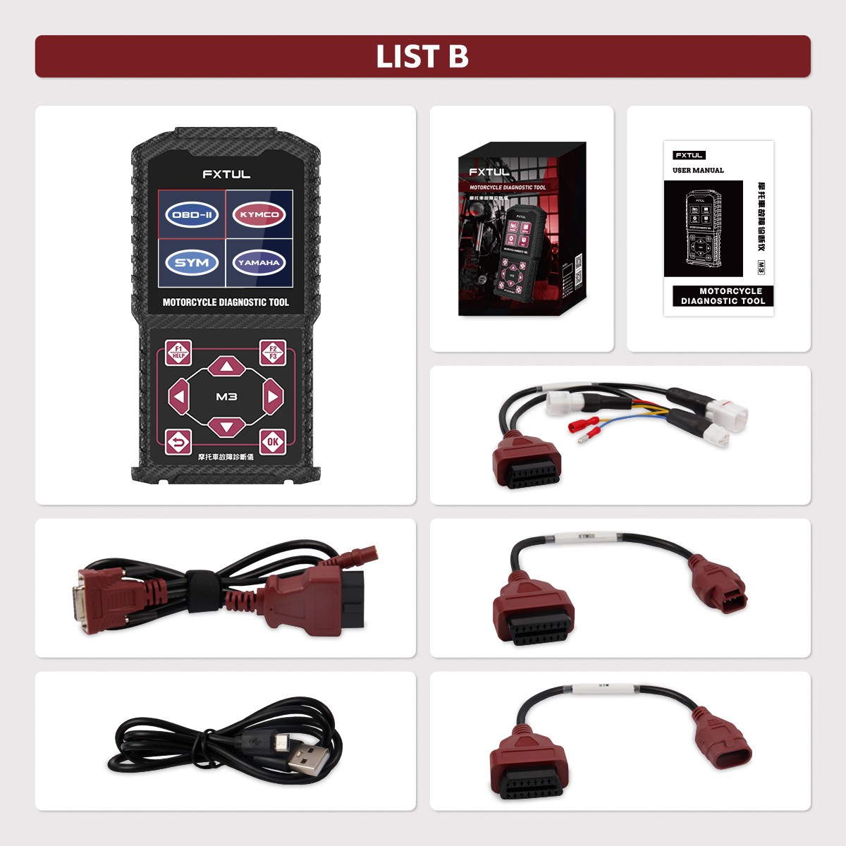 FXTUL M3-B Motorcycle Diagnostic Scanner OBD2 Code Reader for YAMAHA KYMCO SYM