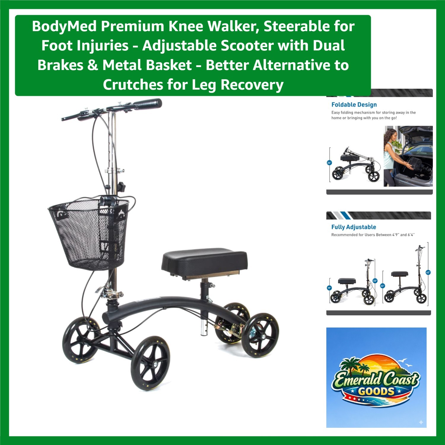 Knee Walker, Steerable for Foot Injuries - Adjustable Scooter with Dual Brake...
