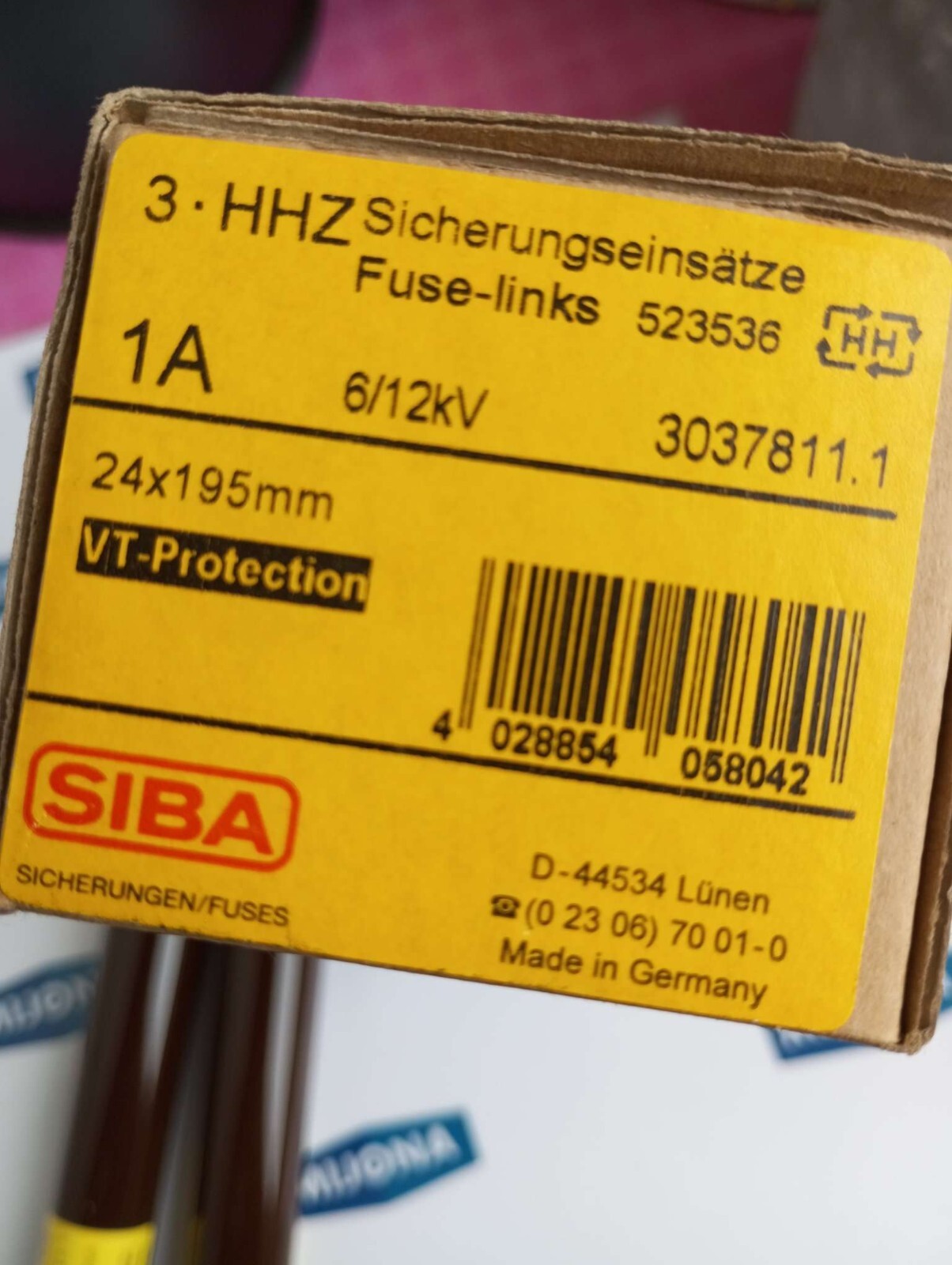 SIBA 3037811.1 6/12KV FUSE LEFT 523536 24X199mm VT PROTECTION 1A NEW OLD STOCK