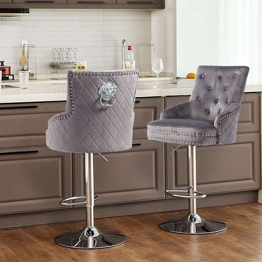 Extra Large Velvet Bar Stool Heavy Duty Adjustable Breakfast Chair w Stable Base